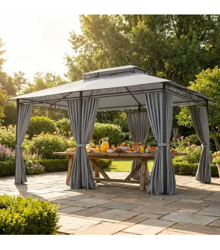 Cenador para Jardín 3x4 m Pabellón de Jardín Gazebo con Doble Techo 6 Paredes Laterales Estructura Metálica Gris Oscuro