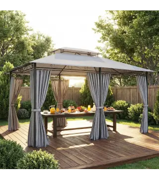 Cenador para Jardín 3x4 m Pabellón de Jardín Gazebo con Doble Techo 6 Paredes Laterales Estructura Metálica Gris Oscuro