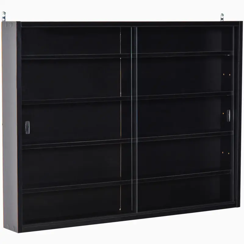 Vitrina de Pared Vitrina de Madera con Estantes Ajustables y 2 Puertas Correderas de Cristal 80x9,5x60 cm Negro Vitrina de Pared Vitrina de Madera con Estantes Ajustables y 2 Puertas Correderas de Cristal 80x9,5x60 cm Negro