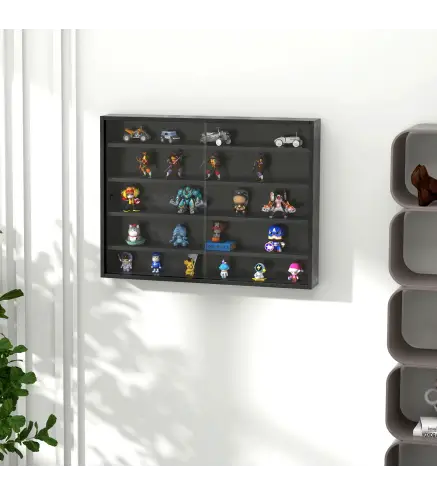 Vitrina de Pared Vitrina de Madera con Estantes Ajustables y 2 Puertas Correderas de Cristal 80x9,5x60 cm Negro