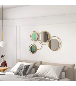 Espejo Decorativo de Pared de Metal 3D Decoración con 4 Espejos Redondos para Salón Dormitorio Pasillo 110x68 cm Dorado