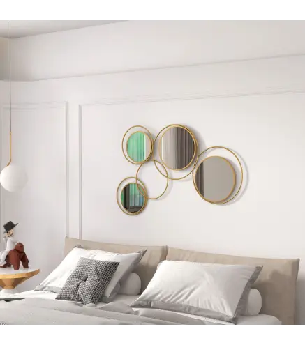 Espejo Decorativo de Pared de Metal 3D Decoración con 4 Espejos Redondos para Salón Dormitorio Pasillo 110x68 cm Dorado