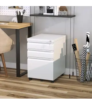 Cajonera de Oficina con Ruedas Mueble con Cerradura 2 Cajones y 1 Archivador para Tamaño A4 Carta 39x48x60 cm Blanco