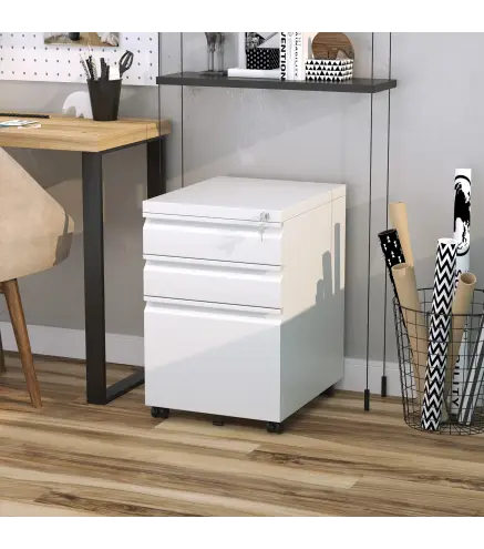 Cajonera de Oficina con Ruedas Mueble con Cerradura 2 Cajones y 1 Archivador para Tamaño A4 Carta 39x48x60 cm Blanco