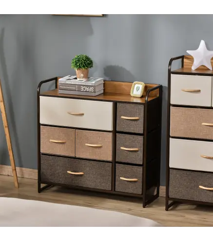 Cómoda para Dormitorio con 7 Cajones Plegables Parte Superior de Madera y Marco Metálico 80x29x78,5 cm Multicolor