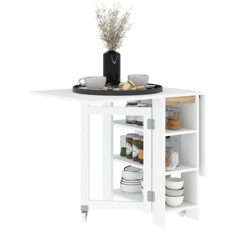 Mesa de Cocina Plegable con Alas Abatibles 2 Ruedas y Estantes Estilo Moderno 120x60x75 cm Blanco