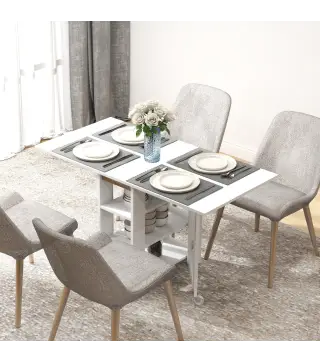 Mesa de Cocina Plegable con Alas Abatibles 2 Ruedas y Estantes Estilo Moderno 120x60x75 cm Blanco