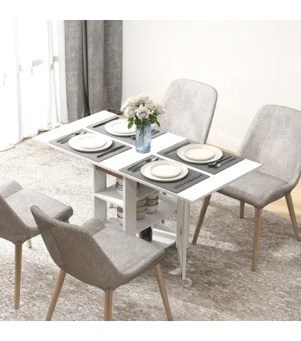 Mesa de Cocina Plegable con Alas Abatibles 2 Ruedas y Estantes Estilo Moderno 120x60x75 cm Blanco