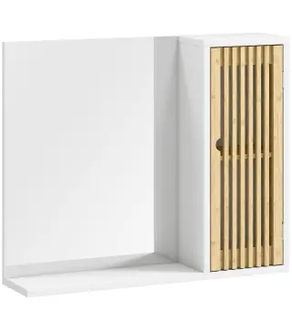 Espejo de Baño 60x50 cm Espejo de Pared con Puerta de Listones de Bambú Estantes de Almacenaje Blanco y Natural