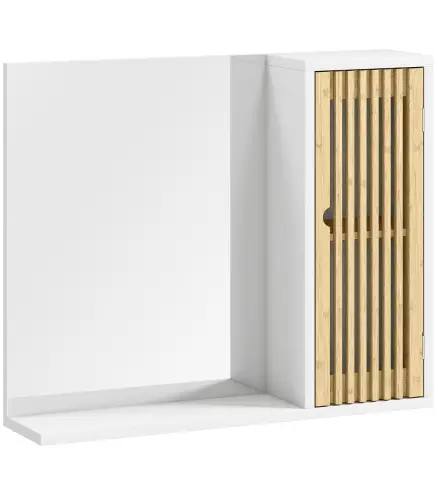 Espejo de Baño 60x50 cm Espejo de Pared con Puerta de Listones de Bambú Estantes de Almacenaje Blanco y Natural