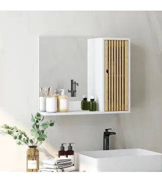 Espejo de Baño 60x50 cm Espejo de Pared con Puerta de Listones de Bambú Estantes de Almacenaje Blanco y Natural