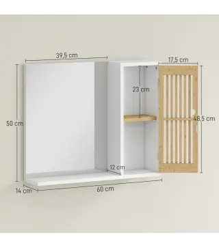 Espejo de Baño 60x50 cm Espejo de Pared con Puerta de Listones de Bambú Estantes de Almacenaje Blanco y Natural