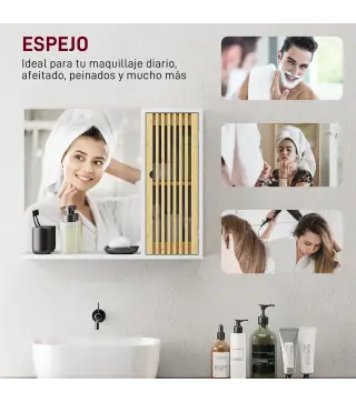 Espejo de Baño 60x50 cm Espejo de Pared con Puerta de Listones de Bambú Estantes de Almacenaje Blanco y Natural