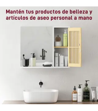 Espejo de Baño 60x50 cm Espejo de Pared con Puerta de Listones de Bambú Estantes de Almacenaje Blanco y Natural