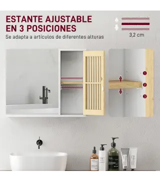 Espejo de Baño 60x50 cm Espejo de Pared con Puerta de Listones de Bambú Estantes de Almacenaje Blanco y Natural