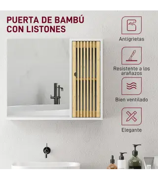 Espejo de Baño 60x50 cm Espejo de Pared con Puerta de Listones de Bambú Estantes de Almacenaje Blanco y Natural