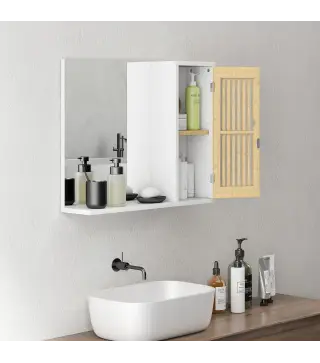 Espejo de Baño 60x50 cm Espejo de Pared con Puerta de Listones de Bambú Estantes de Almacenaje Blanco y Natural