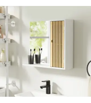 Espejo de Baño 60x50 cm Espejo de Pared con Puerta de Listones de Bambú Estantes de Almacenaje Blanco y Natural