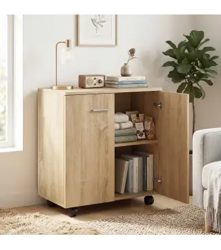 Aparador de Salón conRuedas 2 Puertas y Estantes para Sala de Estar Dormitorio Oficina 60x35x65 cm Natural