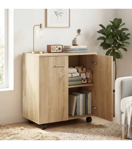 Aparador de Salón conRuedas 2 Puertas y Estantes para Sala de Estar Dormitorio Oficina 60x35x65 cm Natural