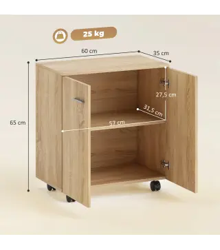 Aparador de Salón conRuedas 2 Puertas y Estantes para Sala de Estar Dormitorio Oficina 60x35x65 cm Natural