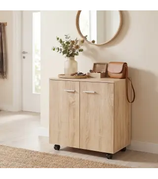 Aparador de Salón conRuedas 2 Puertas y Estantes para Sala de Estar Dormitorio Oficina 60x35x65 cm Natural