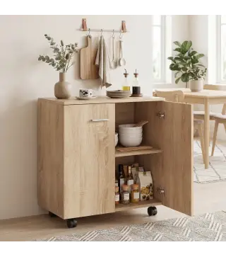 Aparador de Salón conRuedas 2 Puertas y Estantes para Sala de Estar Dormitorio Oficina 60x35x65 cm Natural