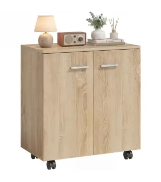 Aparador de Salón conRuedas 2 Puertas y Estantes para Sala de Estar Dormitorio Oficina 60x35x65 cm Natural