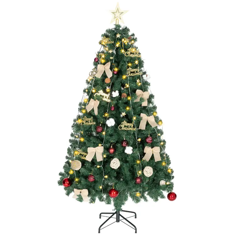 Árbol de Navidad 180 cm con Adornos 200 Luces LED Blanco Cálido 8 Modos de Iluminación 650 Ramas Verde