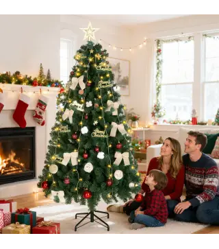 Árbol de Navidad 180 cm con Adornos 200 Luces LED Blanco Cálido 8 Modos de Iluminación 650 Ramas Verde