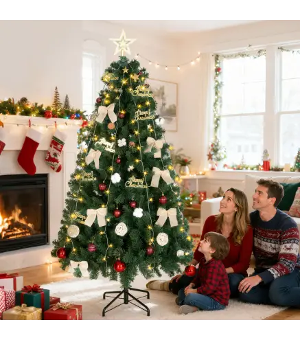 Árbol de Navidad 180 cm con Adornos 200 Luces LED Blanco Cálido 8 Modos de Iluminación 650 Ramas Verde