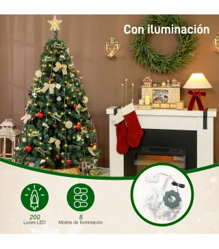 Árbol de Navidad 180 cm con Adornos 200 Luces LED Blanco Cálido 8 Modos de Iluminación 650 Ramas Verde