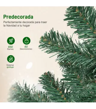 Árbol de Navidad 180 cm con Adornos 200 Luces LED Blanco Cálido 8 Modos de Iluminación 650 Ramas Verde