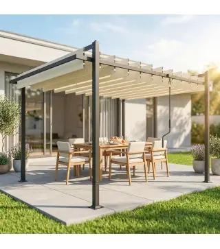 Pérgola de Jardín 3x3,8 m con Techo de Lamas Ajustable a 90° Manivela Estructura de Aluminio y Acero UPF50+ Beige