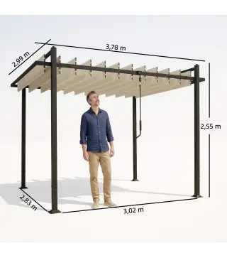 Pérgola de Jardín 3x3,8 m con Techo de Lamas Ajustable a 90° Manivela Estructura de Aluminio y Acero UPF50+ Beige