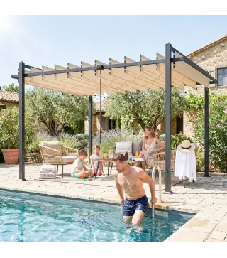 Pérgola de Jardín 3x3,8 m con Techo de Lamas Ajustable a 90° Manivela Estructura de Aluminio y Acero UPF50+ Beige