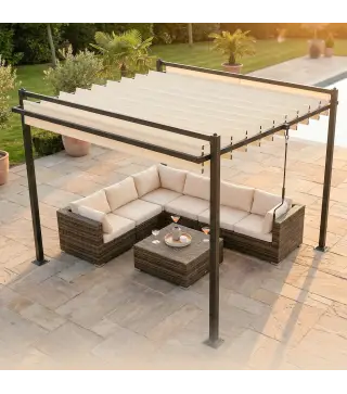 Pérgola de Jardín 3x3,8 m con Techo de Lamas Ajustable a 90° Manivela Estructura de Aluminio y Acero UPF50+ Beige