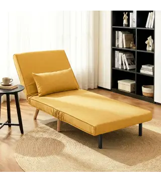 Sofá Cama Individual Plegable con Respaldo Ajustable 5 Posiciones Sillón Cama Tapizado con Cojín 72x75x85 cm Amarillo