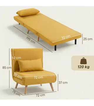 Sofá Cama Individual Plegable con Respaldo Ajustable 5 Posiciones Sillón Cama Tapizado con Cojín 72x75x85 cm Amarillo