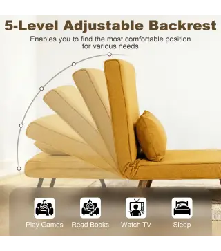 Sofá Cama Individual Plegable con Respaldo Ajustable 5 Posiciones Sillón Cama Tapizado con Cojín 72x75x85 cm Amarillo