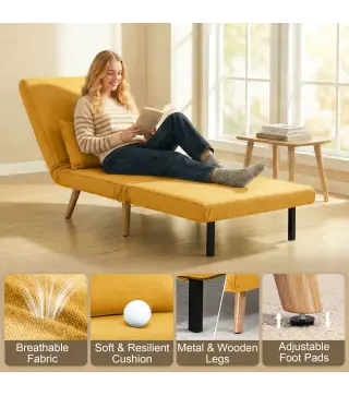 Sofá Cama Individual Plegable con Respaldo Ajustable 5 Posiciones Sillón Cama Tapizado con Cojín 72x75x85 cm Amarillo