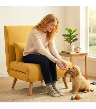 Sofá Cama Individual Plegable con Respaldo Ajustable 5 Posiciones Sillón Cama Tapizado con Cojín 72x75x85 cm Amarillo