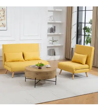 Sofá Cama Individual Plegable con Respaldo Ajustable 5 Posiciones Sillón Cama Tapizado con Cojín 72x75x85 cm Amarillo