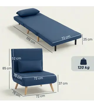 Sofá Cama Individual Plegable con Respaldo Ajustable 5 Posiciones Sillón Cama Tapizado con Cojín 72x75x85 cm Azul