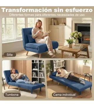 Sofá Cama Individual Plegable con Respaldo Ajustable 5 Posiciones Sillón Cama Tapizado con Cojín 72x75x85 cm Azul