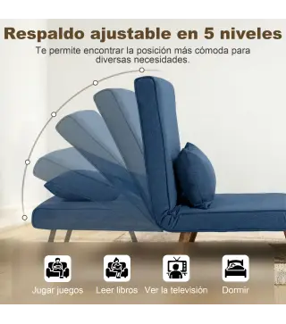 Sofá Cama Individual Plegable con Respaldo Ajustable 5 Posiciones Sillón Cama Tapizado con Cojín 72x75x85 cm Azul