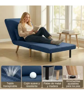 Sofá Cama Individual Plegable con Respaldo Ajustable 5 Posiciones Sillón Cama Tapizado con Cojín 72x75x85 cm Azul