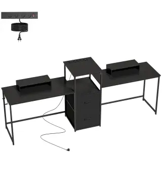 Mesa Gaming Doble de 244 cm con Estación de Carga Puertos USB Soportes para Monitor Cajones de Tela Negro