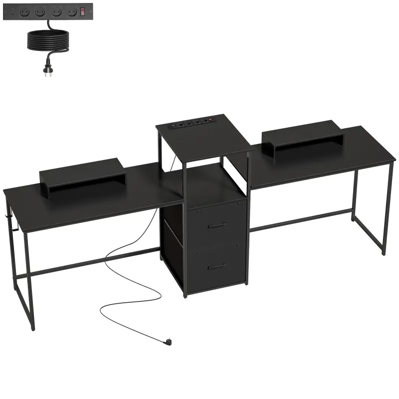 Mesa Gaming Doble de 244 cm con Estación de Carga Puertos USB Soportes para Monitor Cajones de Tela Negro