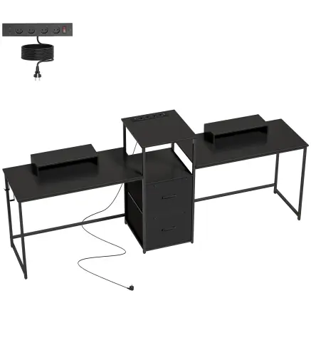 Mesa Gaming Doble de 244 cm con Estación de Carga Puertos USB Soportes para Monitor Cajones de Tela Negro